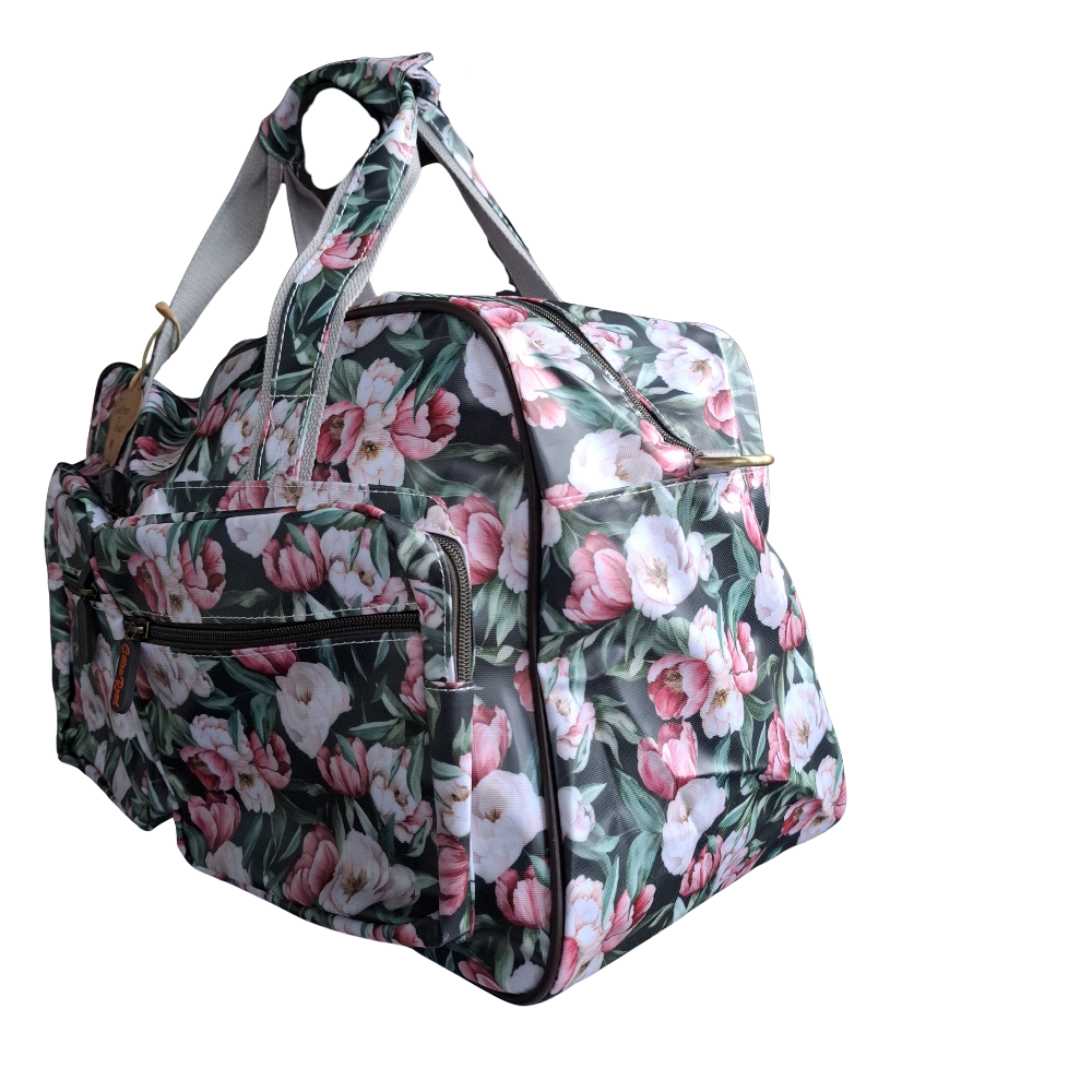 Cotton Road Travel Bag: DARK GREEN PVC OVERNIGHT BAG WITH FLORAL PRINT SIDE