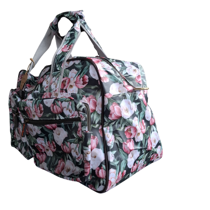 Cotton Road Travel Bag: DARK GREEN PVC OVERNIGHT BAG WITH FLORAL PRINT SIDE