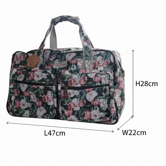 Cotton Road Travel Bag: DARK GREEN PVC OVERNIGHT BAG WITH FLORAL PRINT SIZE
