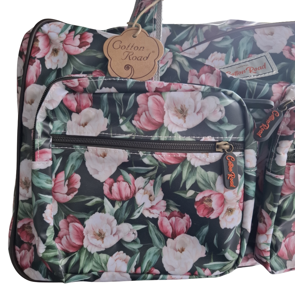 Cotton Road Travel Bag: DARK GREEN PVC OVERNIGHT BAG WITH FLORAL PRINT ZOOM
