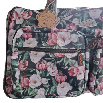 Cotton Road Travel Bag: DARK GREEN PVC OVERNIGHT BAG WITH FLORAL PRINT ZOOM