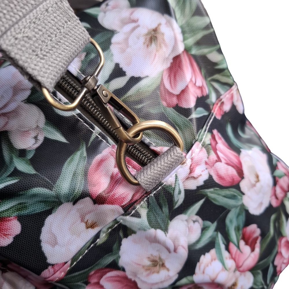 Cotton Road Travel Bag: DARK GREEN PVC OVERNIGHT BAG WITH FLORAL ZOOM