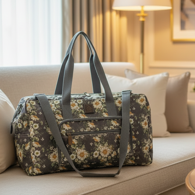 Cotton Road Travel Bag: DARK GREY Foldaway WEEKENDER TRAVEL Bag with IVORY FLOWERS