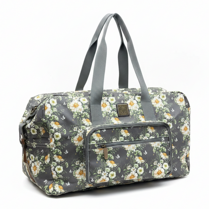 Cotton Road Travel Bag: DARK GREY Foldaway WEEKENDER TRAVEL Bag with IVORY FLOWERS FRONT VIEW