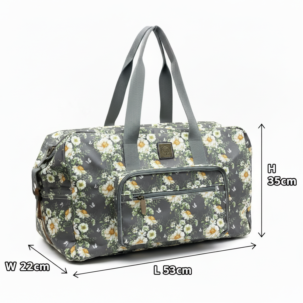 Cotton Road Travel Bag: DARK GREY Foldaway WEEKENDER TRAVEL Bag with IVORY FLOWERS SIZES