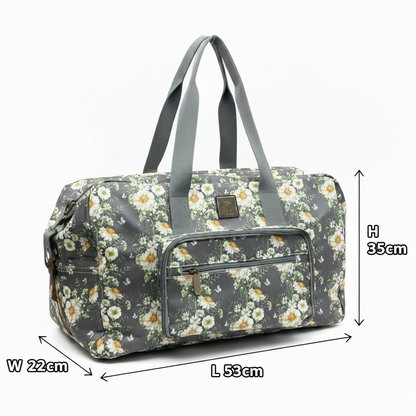 Cotton Road Travel Bag: DARK GREY Foldaway WEEKENDER TRAVEL Bag with IVORY FLOWERS SIZES