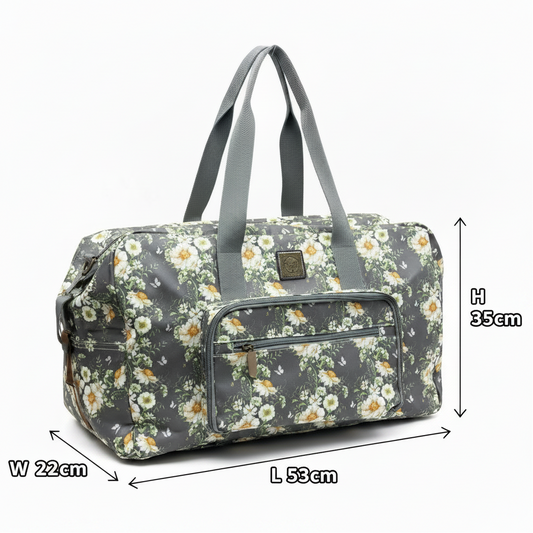 Cotton Road Travel Bag: DARK GREY Foldaway WEEKENDER TRAVEL Bag with IVORY FLOWERS SIZES