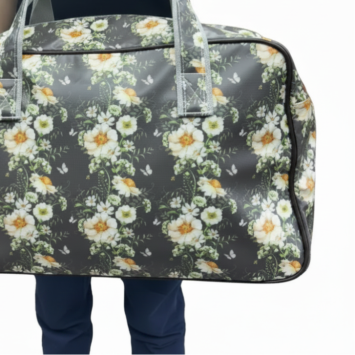 Cotton Road Travel Bag: DARK GREY Overnight Bag with IVORY FLOWERS BACK VIEW