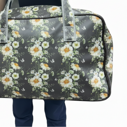 Cotton Road Travel Bag: DARK GREY Overnight Bag with IVORY FLOWERS BACK VIEW