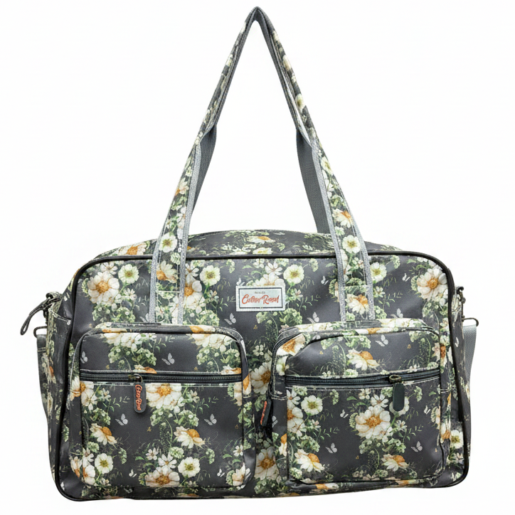 Cotton Road Travel Bag: DARK GREY Overnight Bag with IVORY FLOWERS FRONT VIEW 