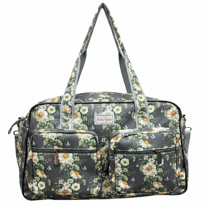 Cotton Road Travel Bag: DARK GREY Overnight Bag with IVORY FLOWERS FRONT VIEW 