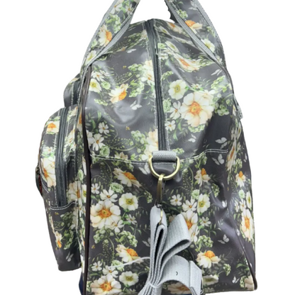 Cotton Road Travel Bag: DARK GREY Overnight Bag with IVORY FLOWERS SDE VIEW WITH STRAP