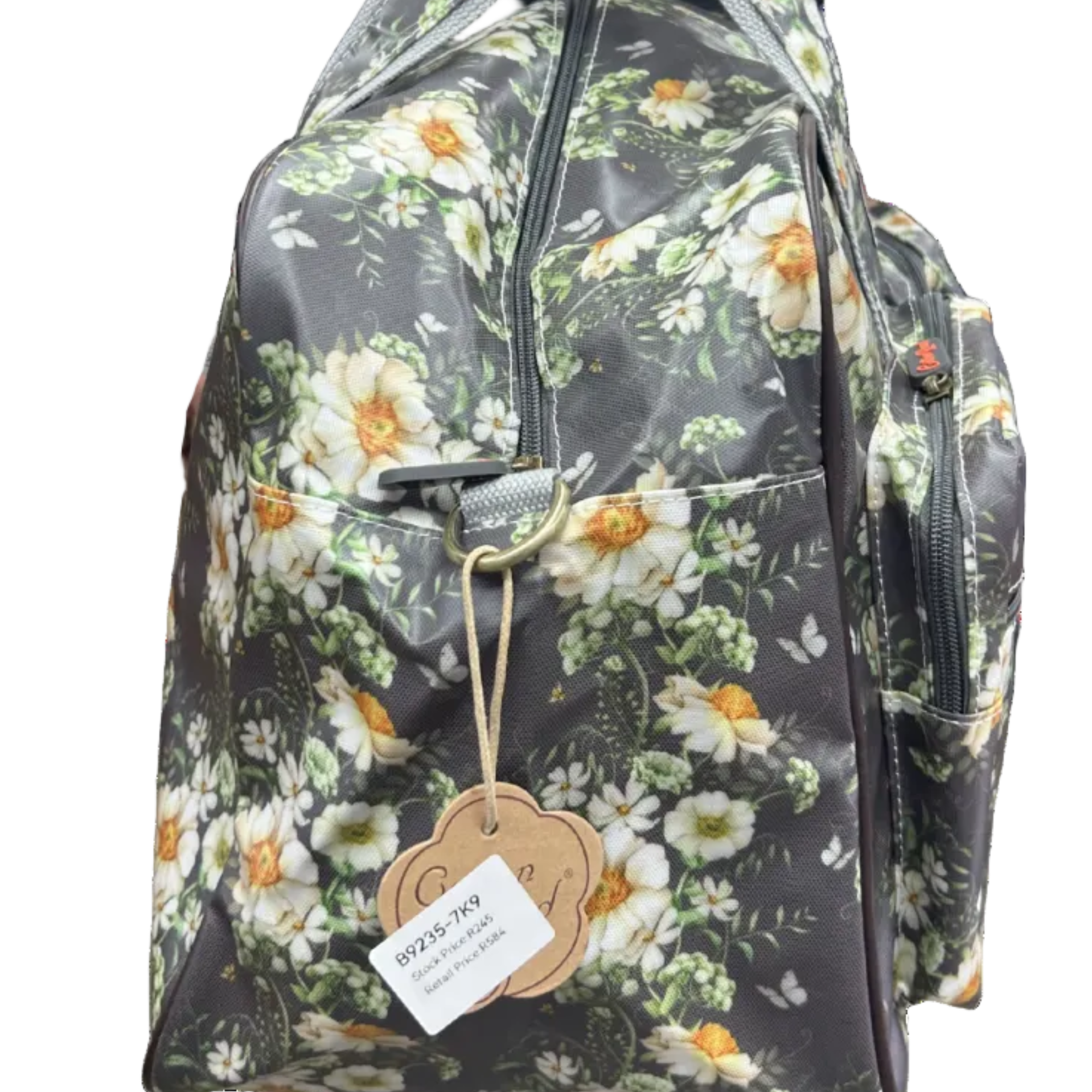 Cotton Road Travel Bag: DARK GREY Overnight Bag with IVORY FLOWERS SIDE VIEW 