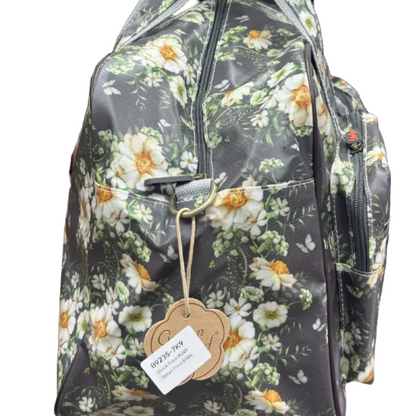 Cotton Road Travel Bag: DARK GREY Overnight Bag with IVORY FLOWERS SIDE VIEW 