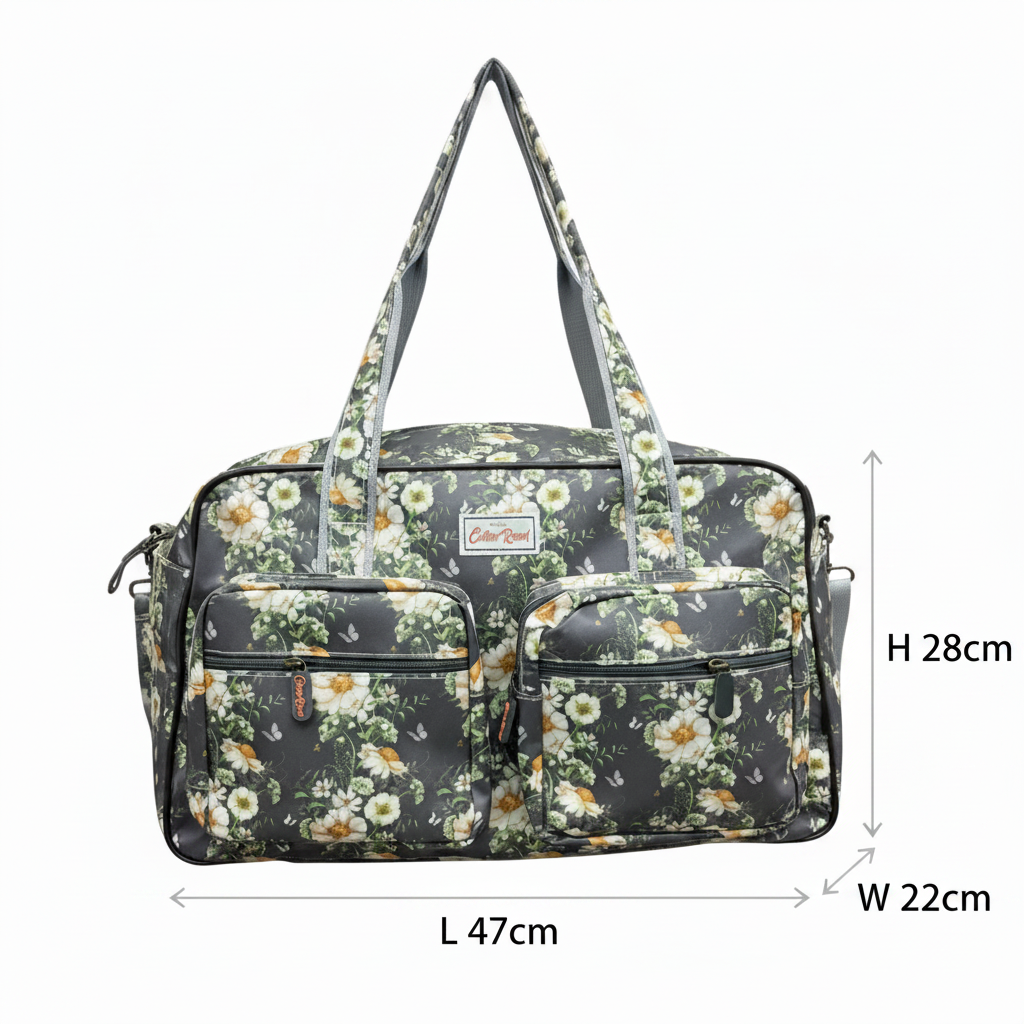 Cotton Road Travel Bag: DARK GREY Overnight Bag with IVORY FLOWERS SIZE