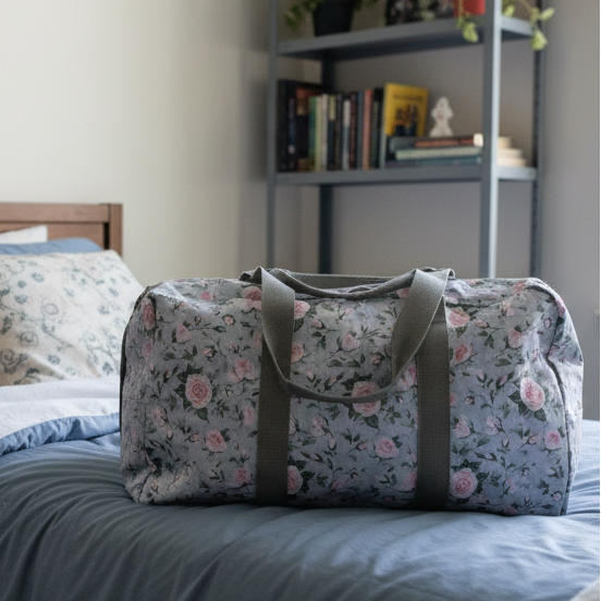 Cotton Road Travel Bag: GREY PVC Foldaway WEEKENDER Bag with Roses LIFESTYLE