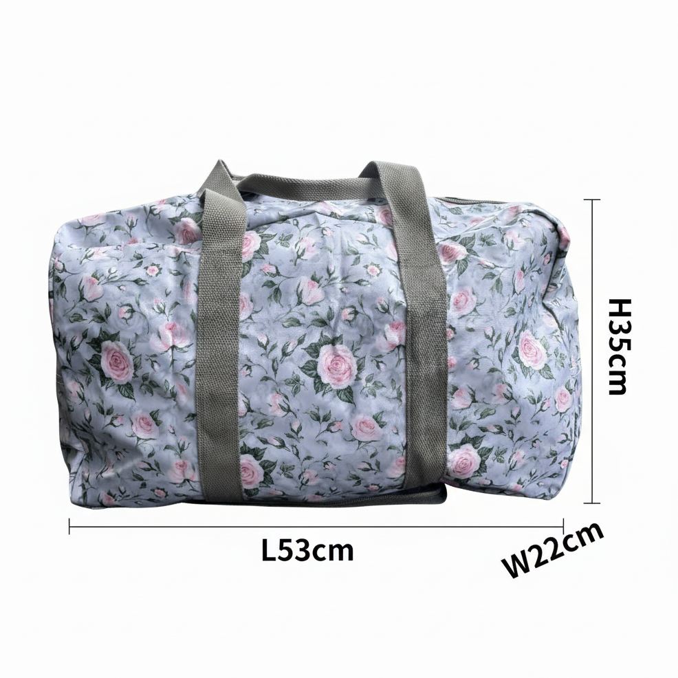 Cotton Road Travel Bag: GREY PVC Foldaway WEEKENDER Bag with Roses UNFOLDED SIZED
