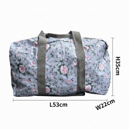 Cotton Road Travel Bag: GREY PVC Foldaway WEEKENDER Bag with Roses UNFOLDED SIZED