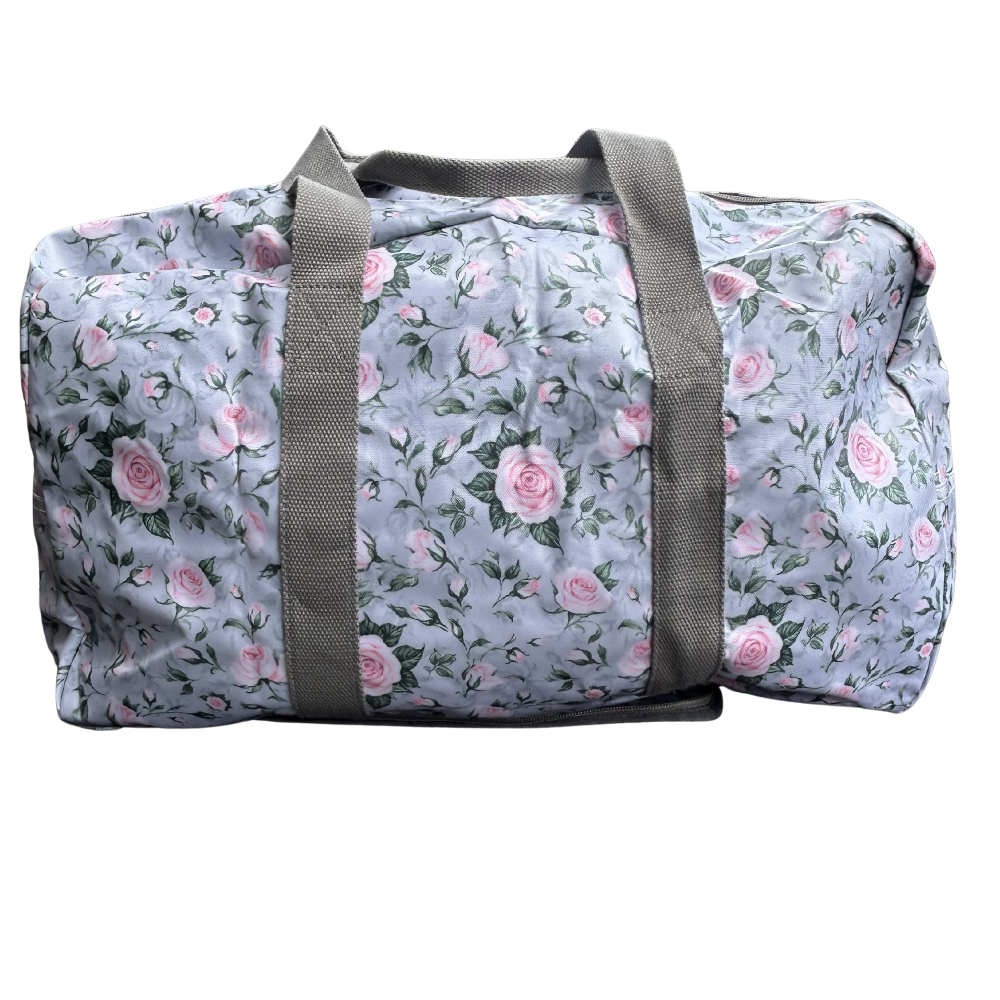 Cotton Road Travel Bag: GREY PVC Foldaway WEEKENDER Bag with Roses UNFOLDED BAG SIDE VIEW