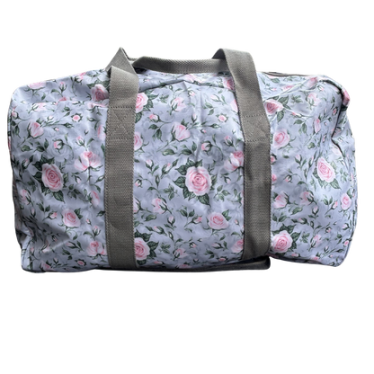 Cotton Road Travel Bag: GREY PVC Foldaway WEEKENDER Bag with Roses UNFOLDED BAG SIDE VIEW