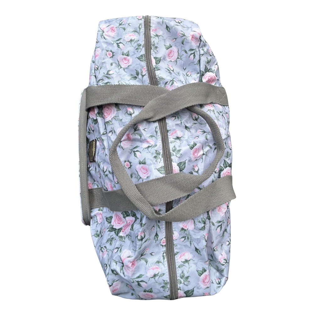 Cotton Road Travel Bag: GREY PVC Foldaway WEEKENDER Bag with Roses UNFOLDED BAG TOP VIEW