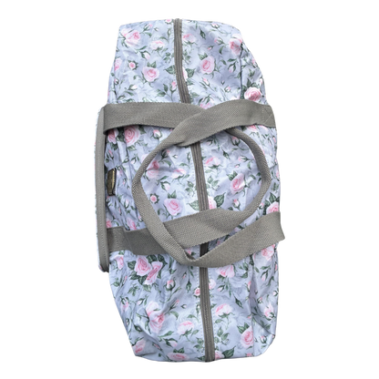 Cotton Road Travel Bag: GREY PVC Foldaway WEEKENDER Bag with Roses UNFOLDED BAG TOP VIEW