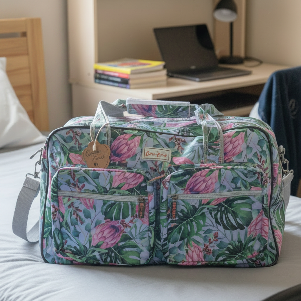Cotton Road Travel Bag: GREY PVC Overnight Bag with COLOURFUL PROTEAS