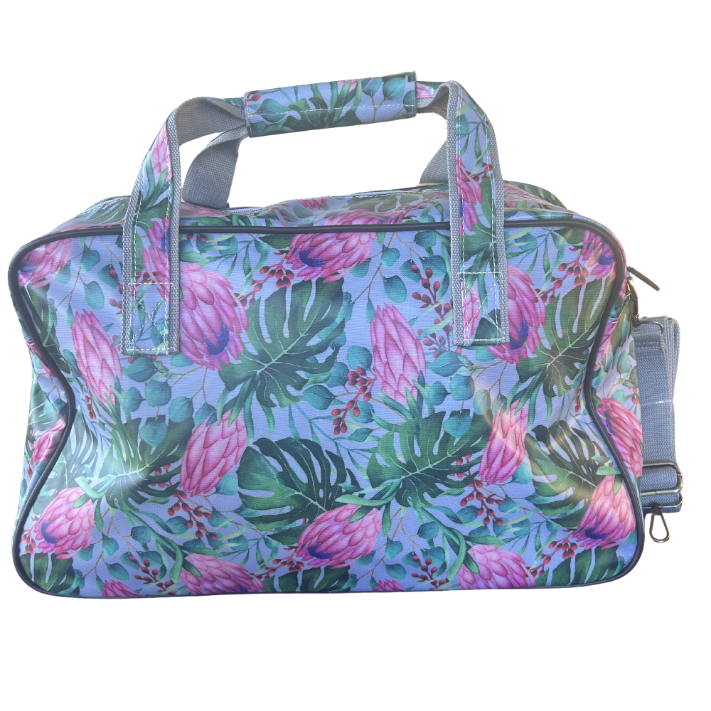 Cotton Road Travel Bag: GREY PVC Overnight Bag with COLOURFUL PROTEAS BACK