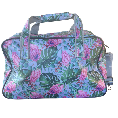 Cotton Road Travel Bag: GREY PVC Overnight Bag with COLOURFUL PROTEAS BACK