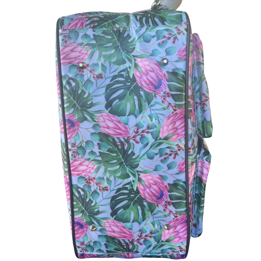 Cotton Road Travel Bag: GREY PVC Overnight Bag with COLOURFUL PROTEAS BOTTOM