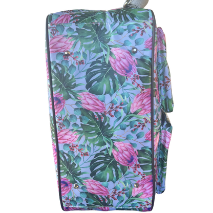 Cotton Road Travel Bag: GREY PVC Overnight Bag with COLOURFUL PROTEAS BOTTOM