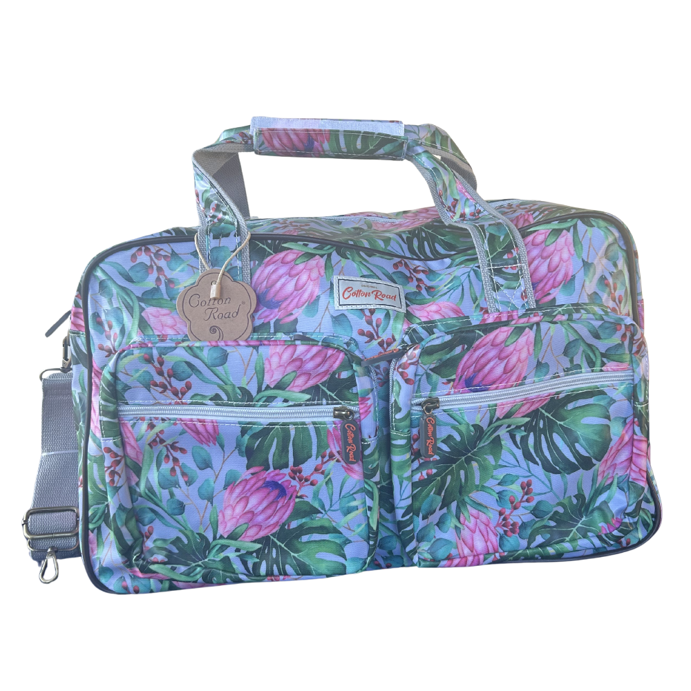 Cotton Road Travel Bag: GREY PVC Overnight Bag with COLOURFUL PROTEAS FRONT