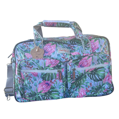 Cotton Road Travel Bag: GREY PVC Overnight Bag with COLOURFUL PROTEAS FRONT