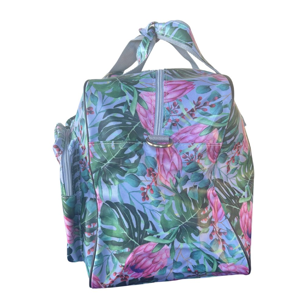 Cotton Road Travel Bag: GREY PVC Overnight Bag with COLOURFUL PROTEAS SIDE