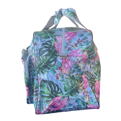 Cotton Road Travel Bag: GREY PVC Overnight Bag with COLOURFUL PROTEAS SIDE