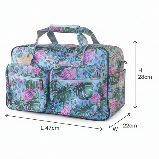 Cotton Road Travel Bag: GREY PVC Overnight Bag with COLOURFUL PROTEAS SIZE