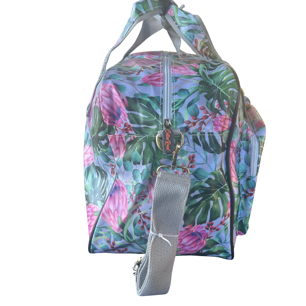 Cotton Road Travel Bag: GREY PVC Overnight Bag with COLOURFUL PROTEAS WITH SLING STRAP