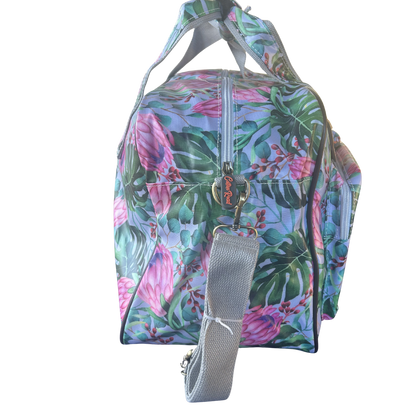 Cotton Road Travel Bag: GREY PVC Overnight Bag with COLOURFUL PROTEAS WITH SLING STRAP