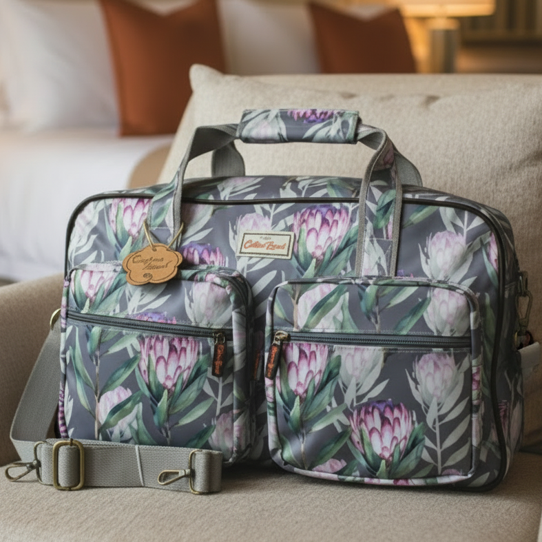 Cotton Road Travel Bag: GREY PVC Overnight Bag with PROTEAS LIFESTYLE