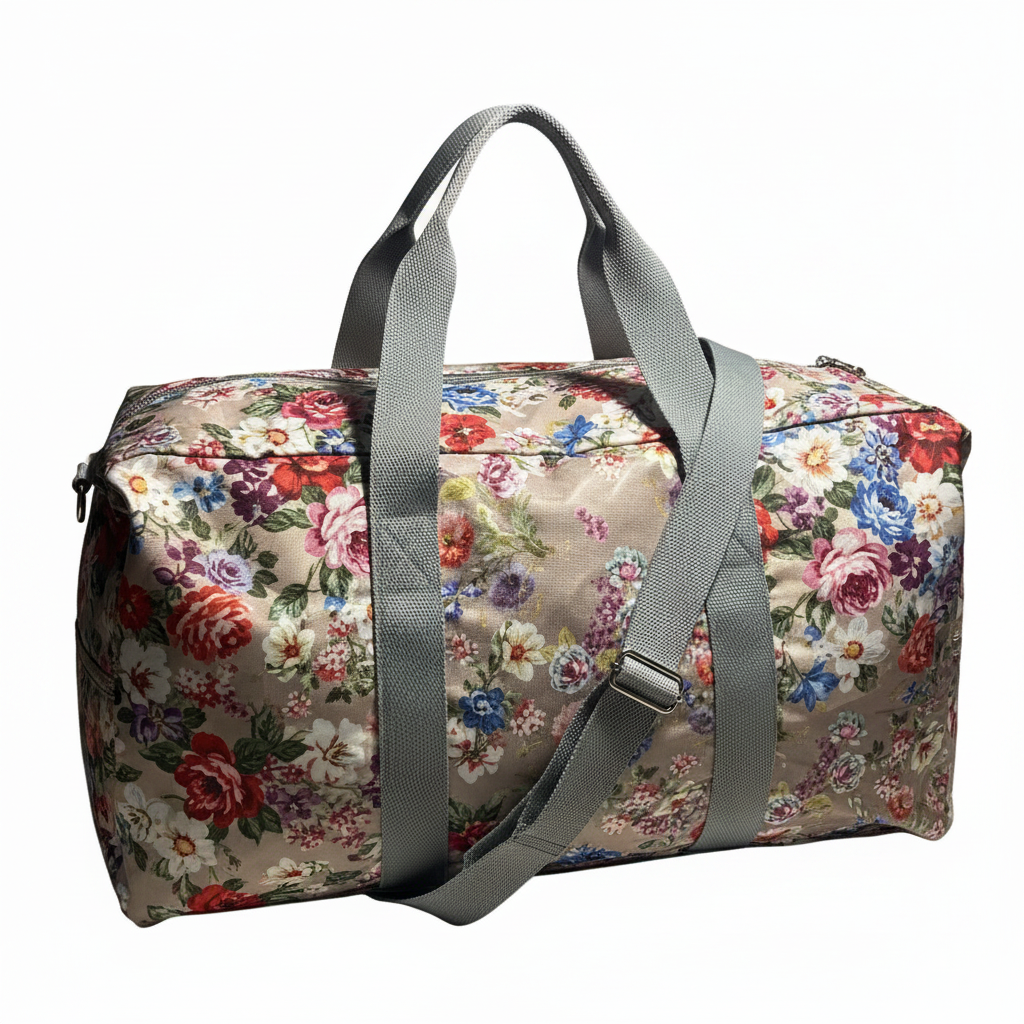 Cotton Road Travel Bag: MAUVE PVC Floral Foldaway WEEKENDER Bag