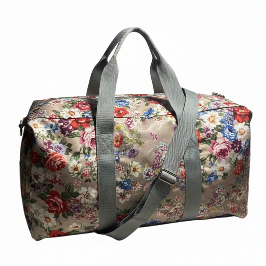 Cotton Road Travel Bag: MAUVE PVC Floral Foldaway WEEKENDER Bag