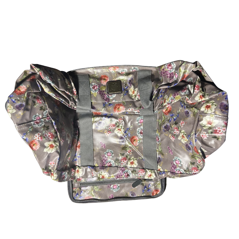 Cotton Road Travel Bag: MAUVE PVC Floral Foldaway WEEKENDER Bag UNFOLDED FINAL STAGE