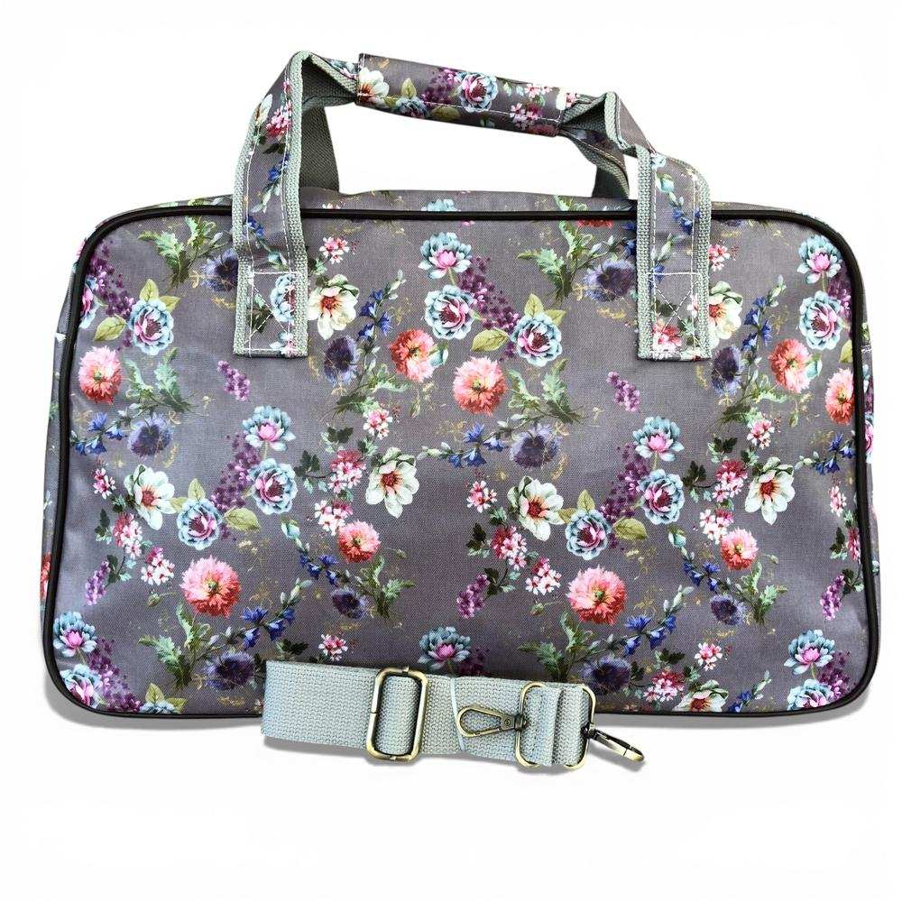 Cotton Road Travel Bag: MAUVE PVC Overnight Bag with FLOWERS BACK