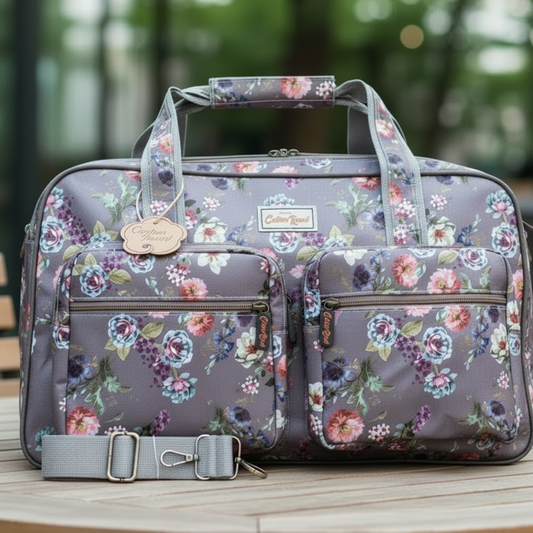 Cotton Road Travel Bag: MAUVE PVC Overnight Bag with FLOWERS