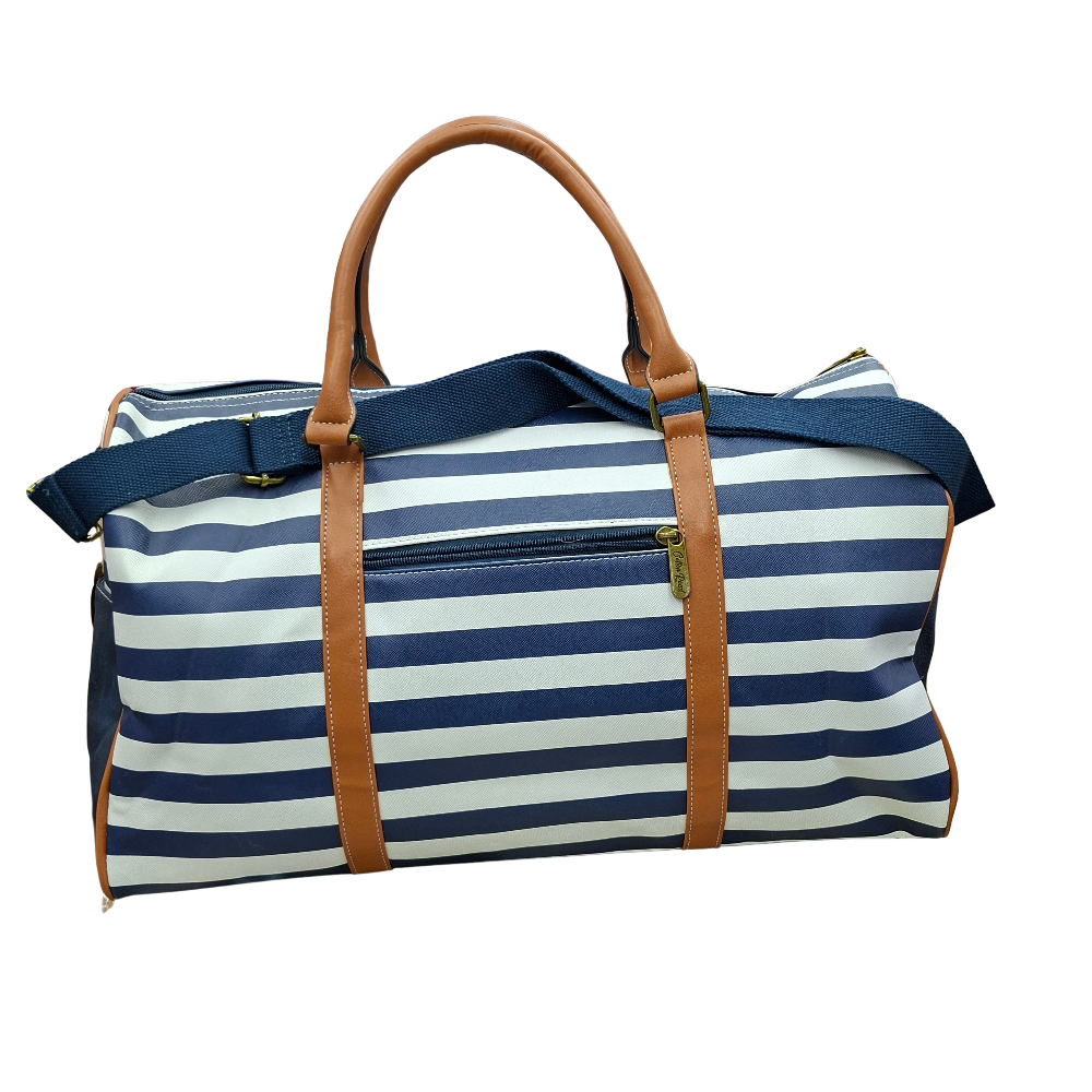 Cotton Road Travel Bag: Navy Blue & White Stripes PVC Weekend / Overnight Bag with Tan Trim BACK VIEW