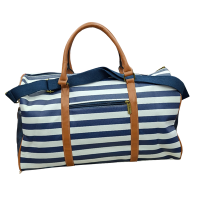 Cotton Road Travel Bag: Navy Blue & White Stripes PVC Weekend / Overnight Bag with Tan Trim BACK VIEW