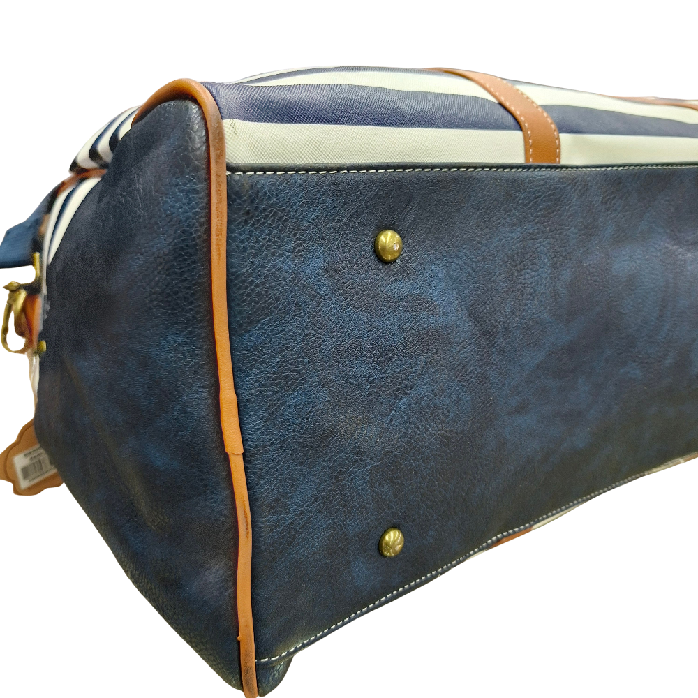Cotton Road Travel Bag: Navy Blue & White Stripes PVC Weekend / Overnight Bag with Tan Trim BOTTOM VIEW