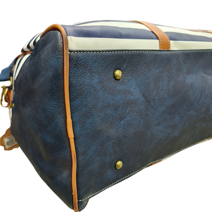 Cotton Road Travel Bag: Navy Blue & White Stripes PVC Weekend / Overnight Bag with Tan Trim BOTTOM VIEW