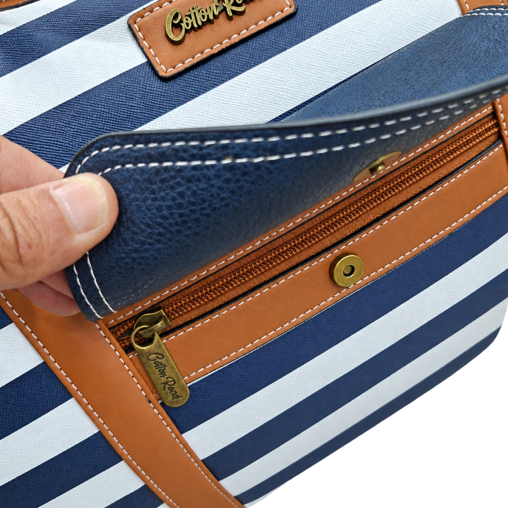 Cotton Road Travel Bag: Navy Blue & White Stripes PVC Weekend / Overnight Bag with Tan Trim FRONT POCKET
