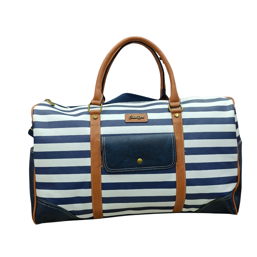 Cotton Road Travel Bag: Navy Blue & White Stripes PVC Weekend / Overnight Bag with Tan Trim FRONT VIEW
